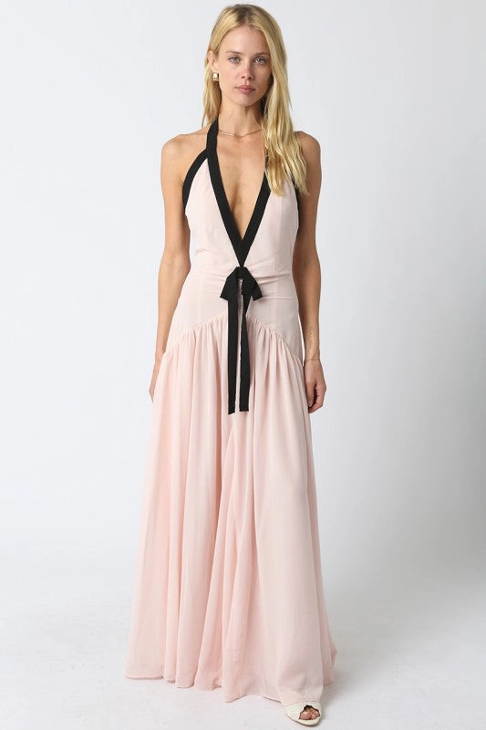 Elegant Mood Waitlist 1/20 ? Quincy Sleeveless Halter Contrast Ribbon Maxi Dress Coral
