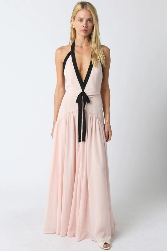 Light Aesthetic Waitlist 1/20 ? Quincy Sleeveless Halter Contrast Ribbon Maxi Dress Coral