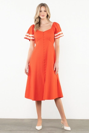 MACY SHIRRED SLEEVE FRONT SLIT MIDI DRESS Natural Texture warm tones