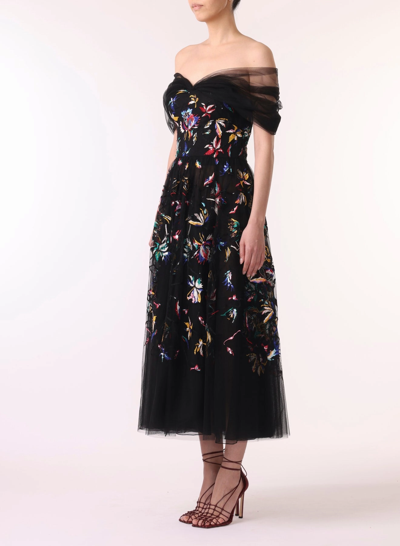 EMBROIDERED TULLE OFF THE SHOULDER COCKTAIL DRESS Calm Texture