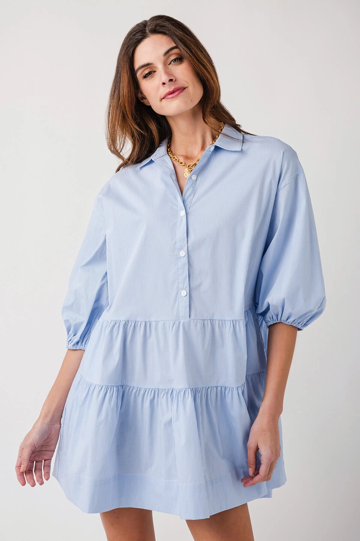 Weekend Feel Chilly Day Wear Elan 3/4 Sleeve Collared Tiered Dress