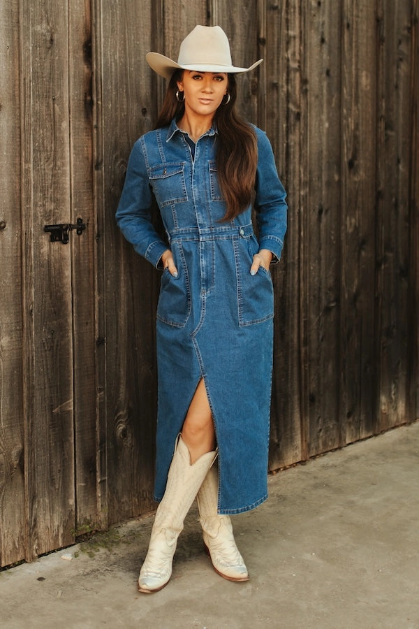 Denim Maxi Dress w/ Front Slit & Pockets Bodycon-Fit Chic Tailoring