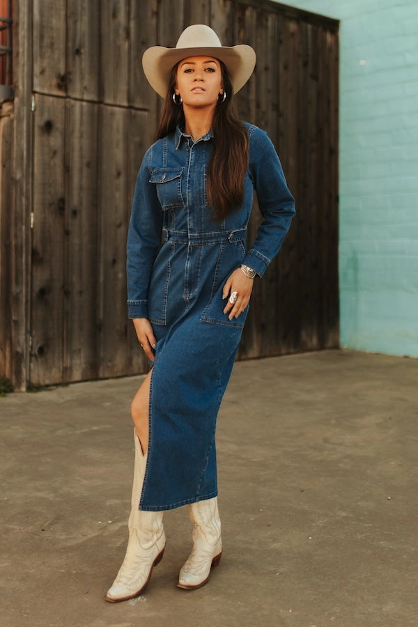 Denim Maxi Dress w/ Front Slit & Pockets Bold Structure All Season