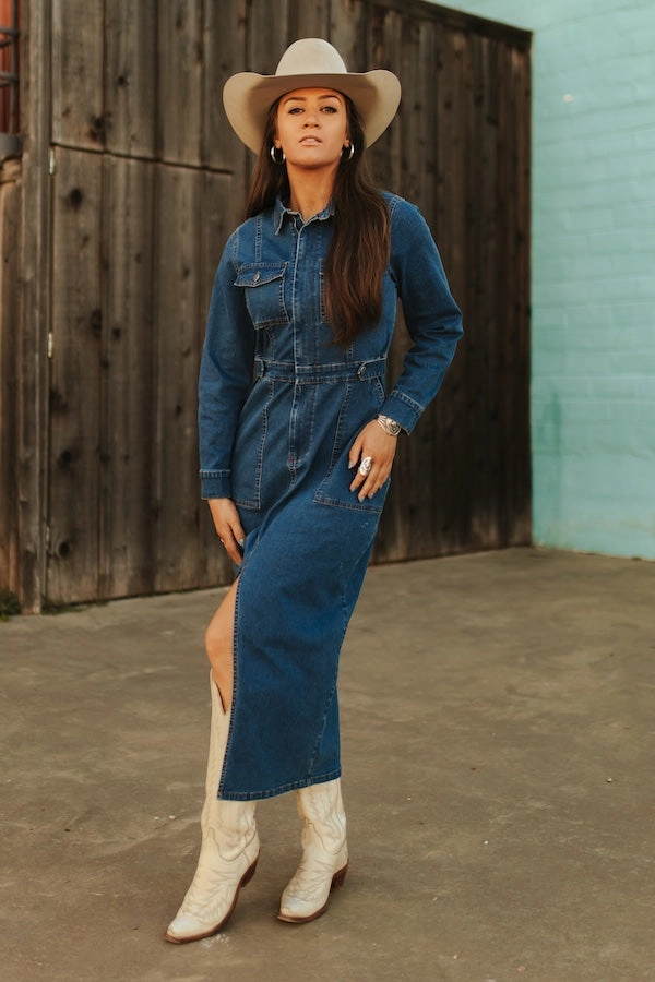 Denim Maxi Dress w/ Front Slit & Pockets Patterned-Fabric