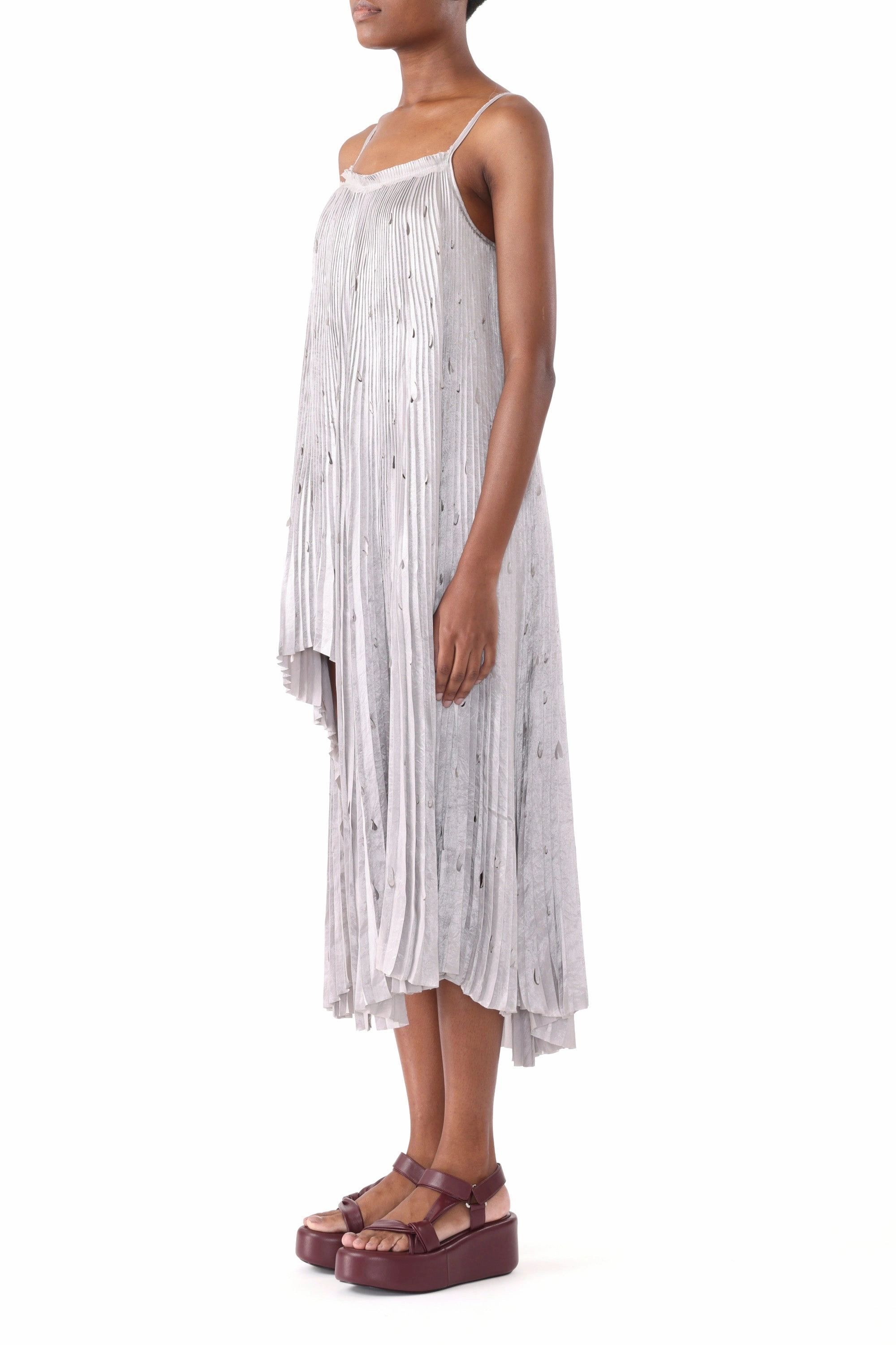 Non-Pilling PLEATED CRINKLED SATIN SLIP DRESS WITH LASER CUT HEM