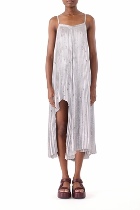 PLEATED CRINKLED SATIN SLIP DRESS WITH LASER CUT HEM Satin Finish