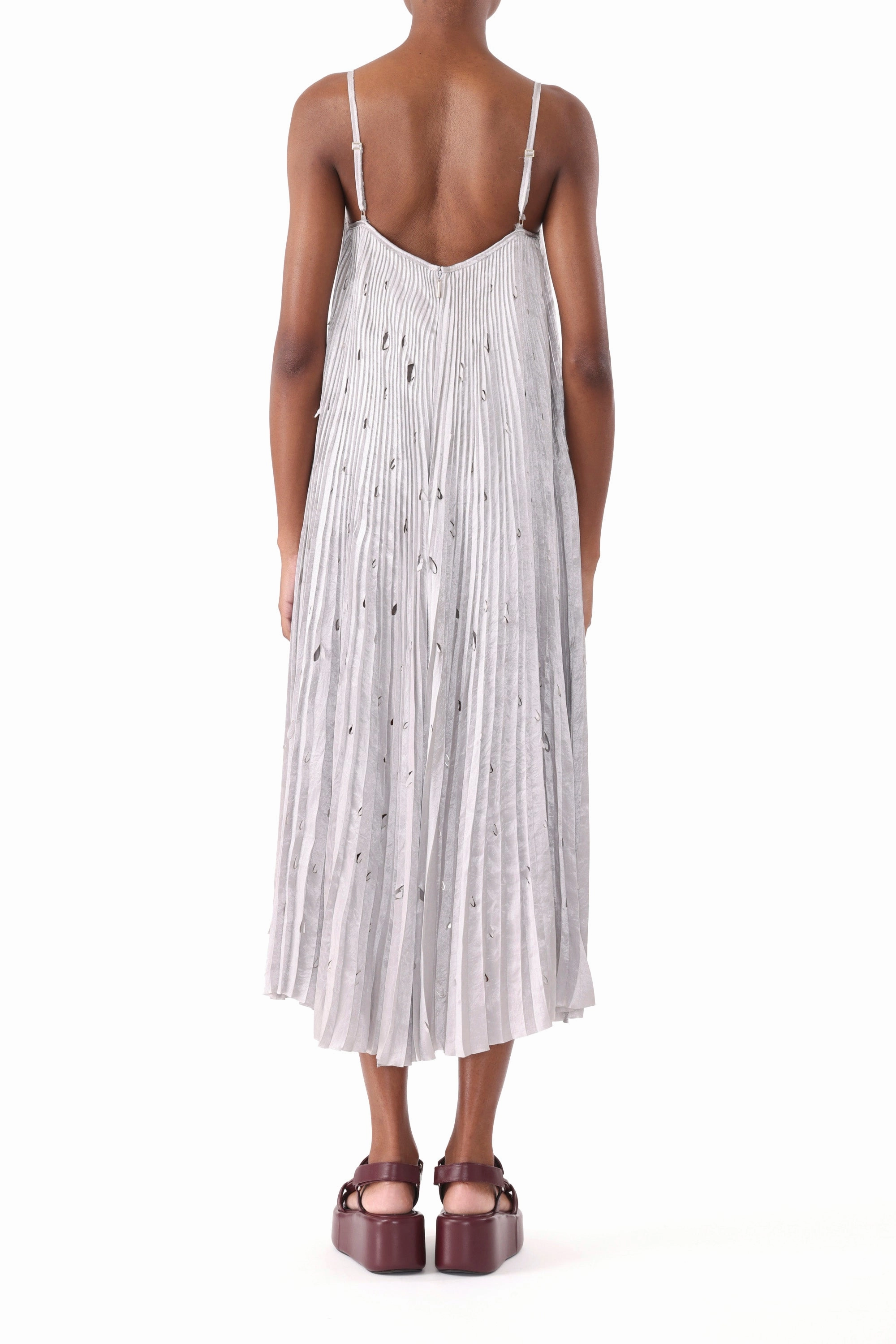 Modern Cut soft look PLEATED CRINKLED SATIN SLIP DRESS WITH LASER CUT HEM