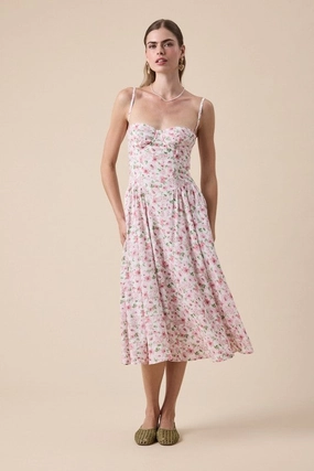 Ellie Sleeveless Floral Print Midi Dress Pink Timeless Look Music-Concert