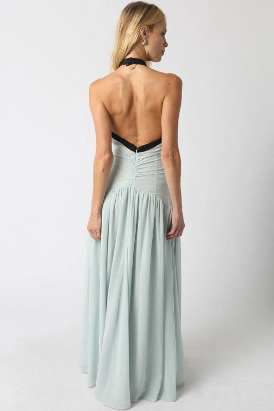 Waitlist 1/20 ? Quincy Sleeveless Halter Contrast Ribbon Maxi Dress Mint Chic Layers