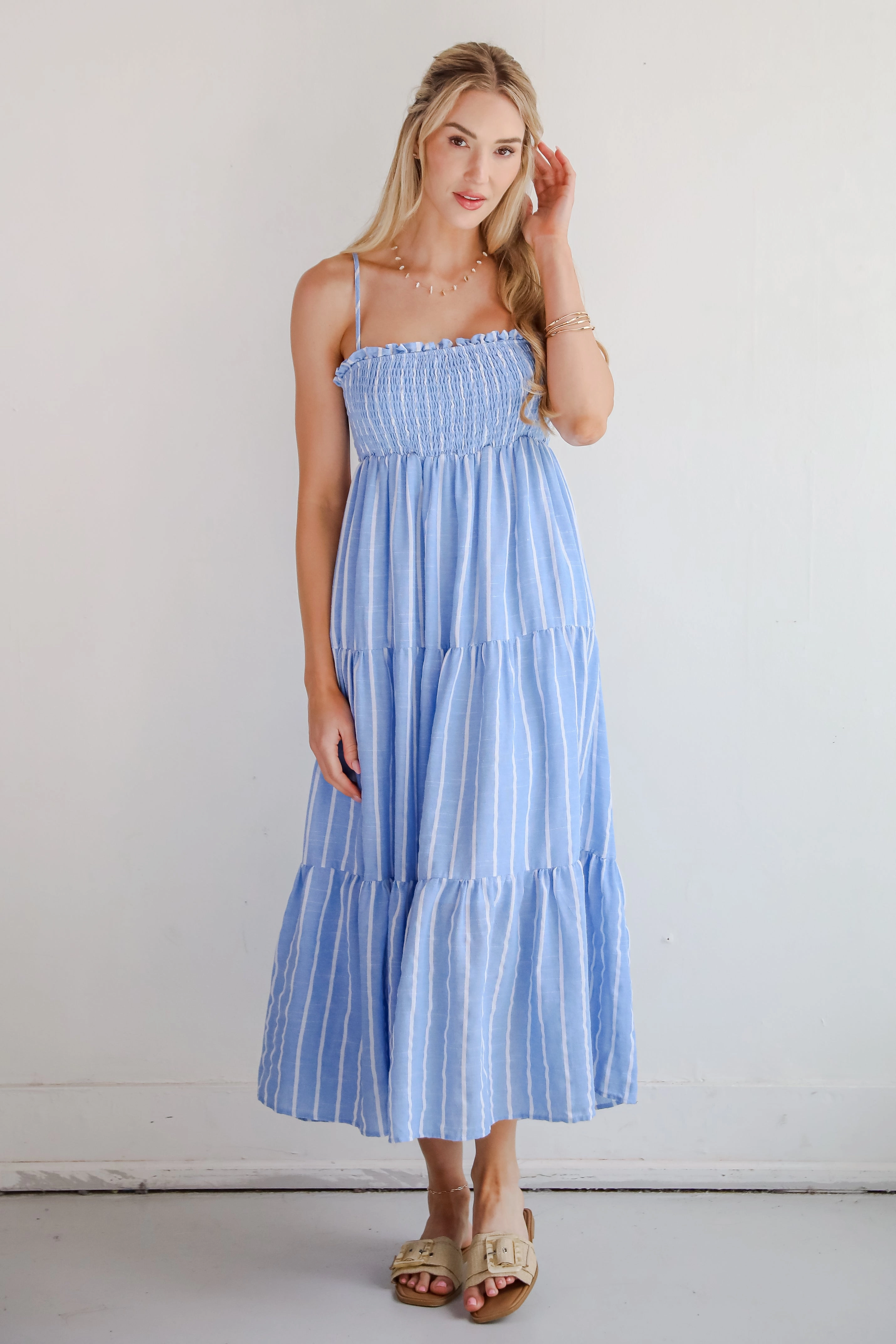 Dressy Glow FINAL SALE - Dreamy Getaway Blue Striped Tiered Maxi Dress