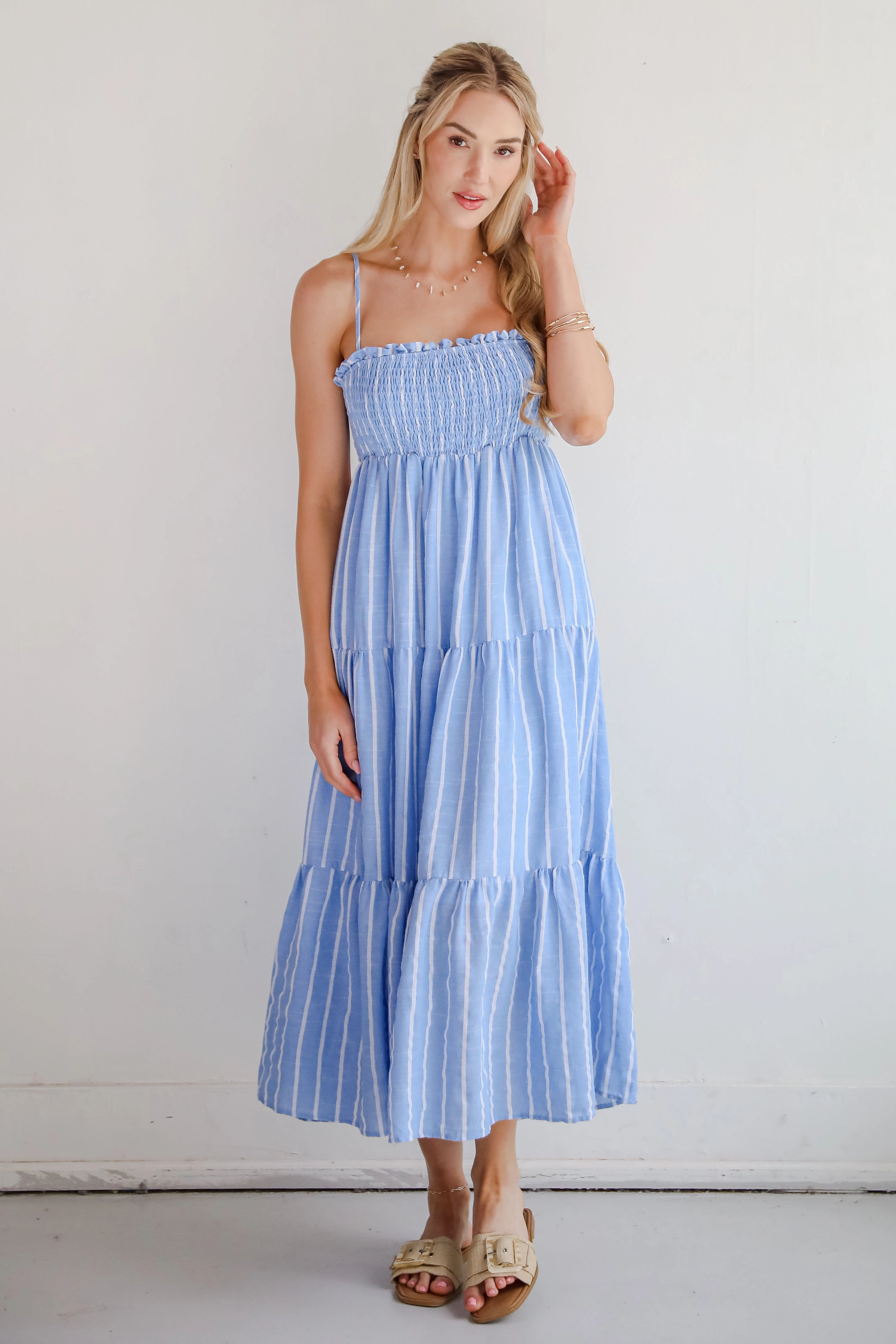 Minimalist fit-and-flare Calm Drape FINAL SALE - Dreamy Getaway Blue Striped Tiered Maxi Dress