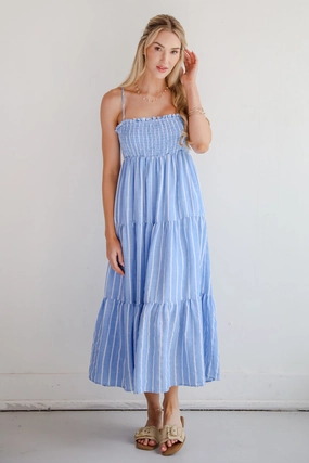 Dressy Glow FINAL SALE - Dreamy Getaway Blue Striped Tiered Maxi Dress