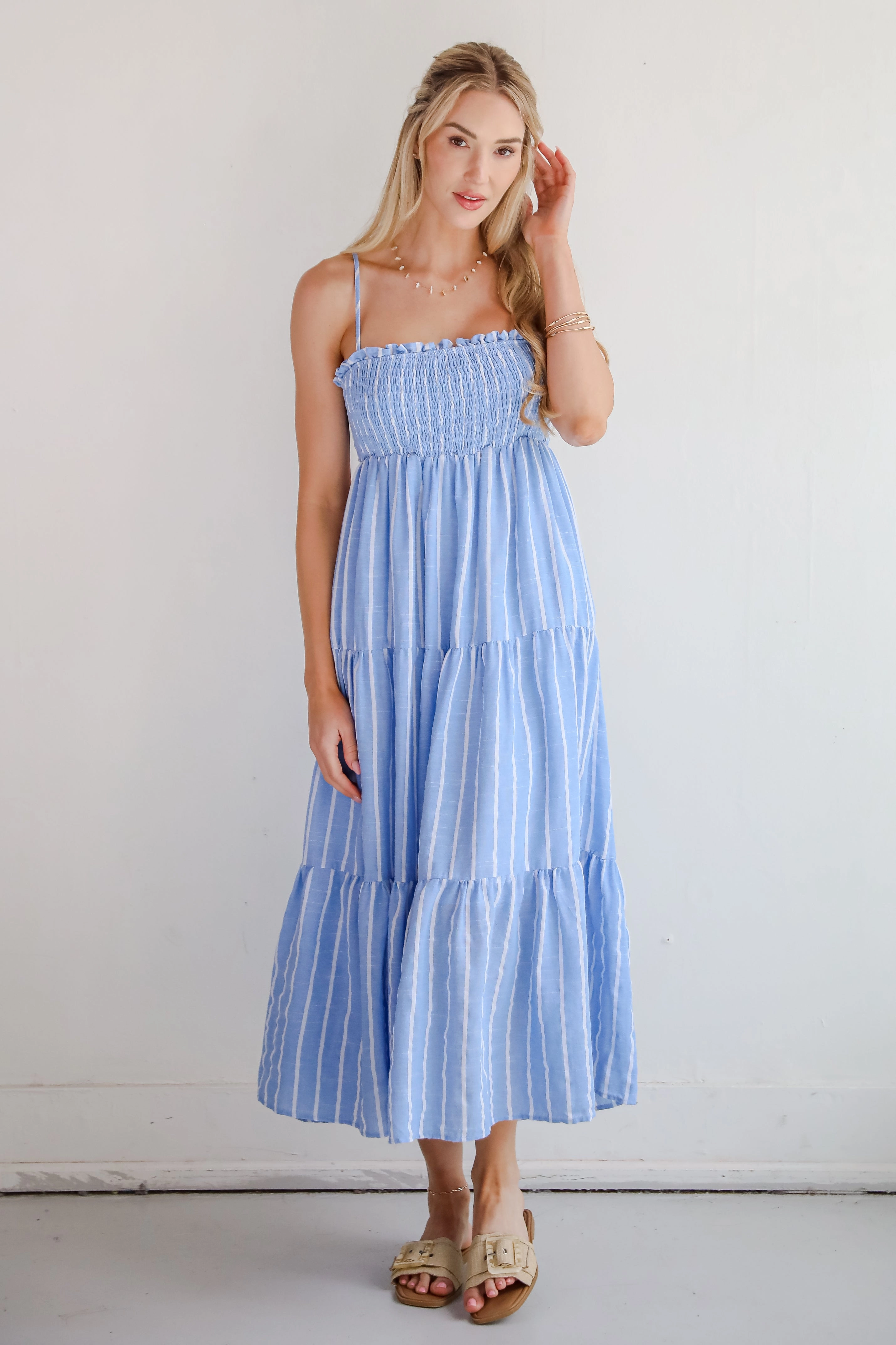FINAL SALE - Dreamy Getaway Blue Striped Tiered Maxi Dress Floral design Jewel Accent