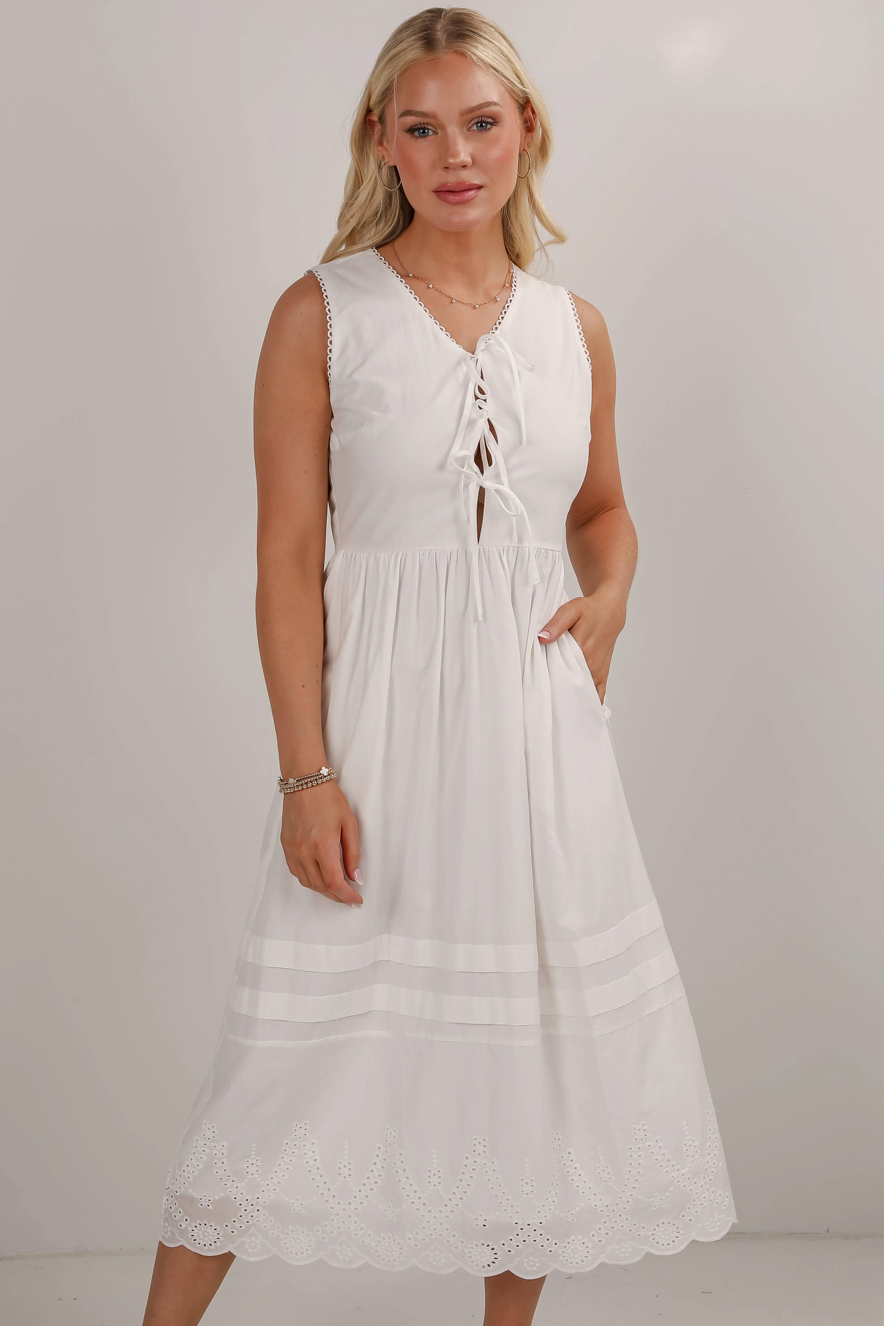 Metallic Finish Pleat Breeze FINAL SALE - All I Could Want White Eyelet Bow Midi Dress
