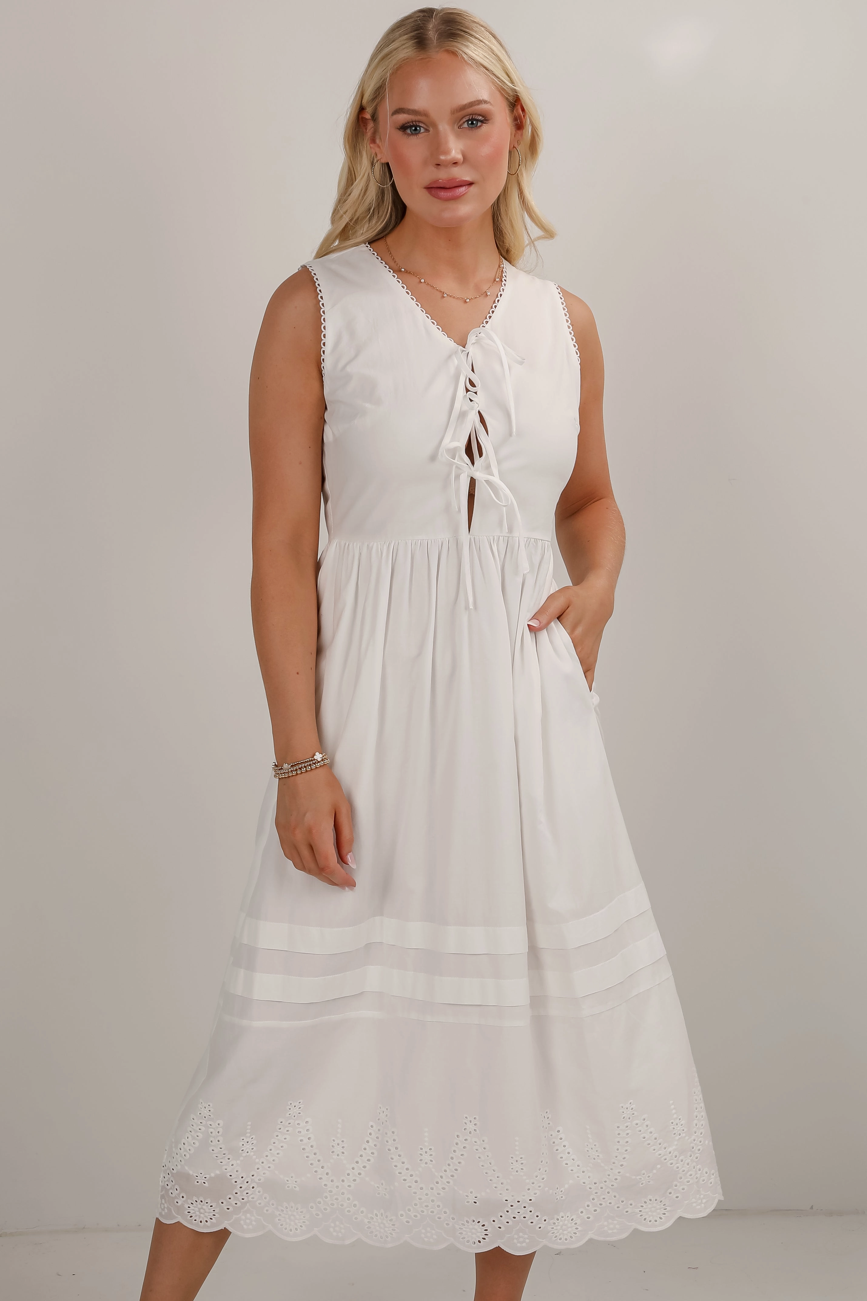 FINAL SALE - All I Could Want White Eyelet Bow Midi Dress Side Ruching Elegant Appearance