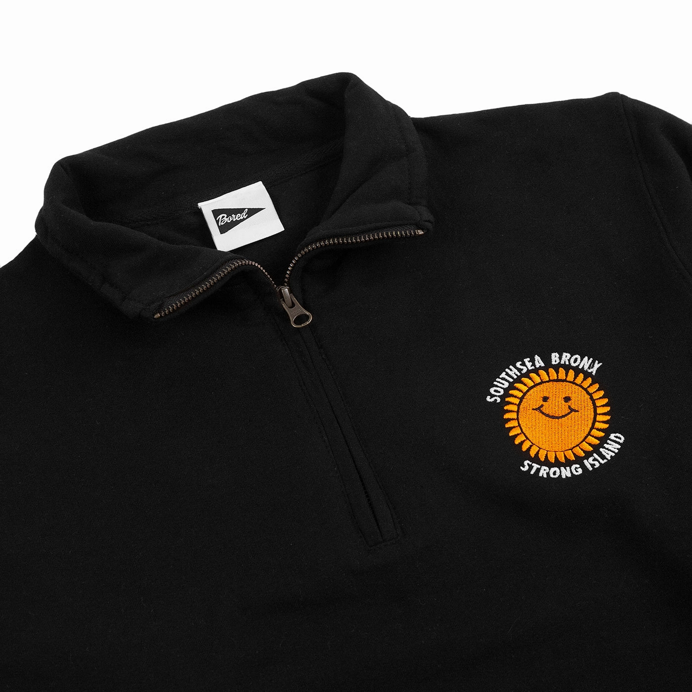 Southsea Bronx Strong Island Embroidered Quarter Zip Sweatshirt - Black Go-to Wear rainy day wear