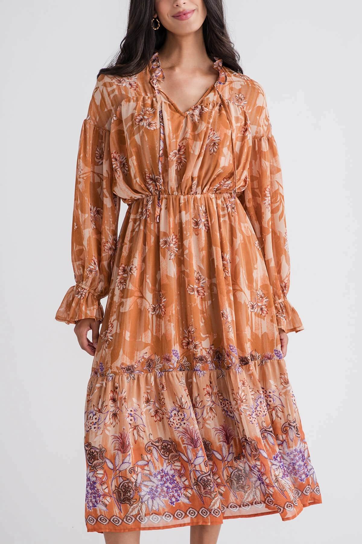 Button-front Zip Closure &Merci Floral Border Print Midi Dress