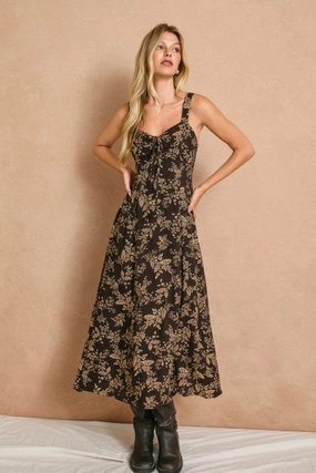 Kimono-Sleeve Adalyn Sleeveless Floral Print Midi Dress Brown