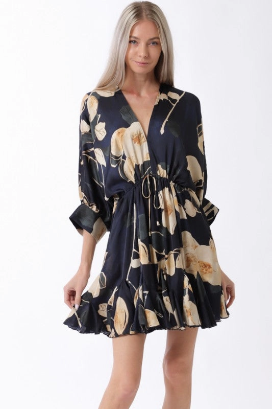 Timeless Layer Anniversary-Event Waitlist 11/5 ? Riley 3/4 Dolman Sleeve Floral Print Mini Dress Navy