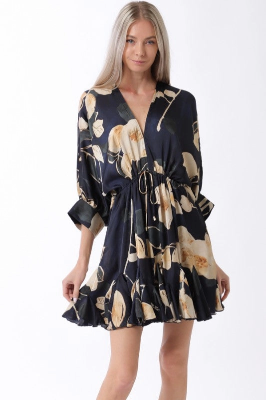 Winter-Season Sharp Finish Waitlist 11/5 ? Riley 3/4 Dolman Sleeve Floral Print Mini Dress Navy