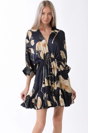 Winter-Season Sharp Finish Waitlist 11/5 ? Riley 3/4 Dolman Sleeve Floral Print Mini Dress Navy
