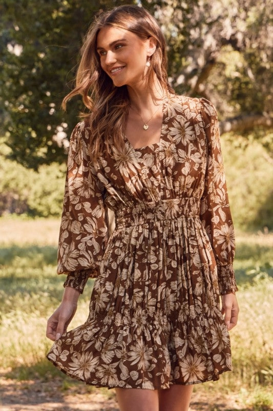 Fresh Fit Drawstring-Waist Tiffany Long Sleeve Floral Print Mini Dress Brown