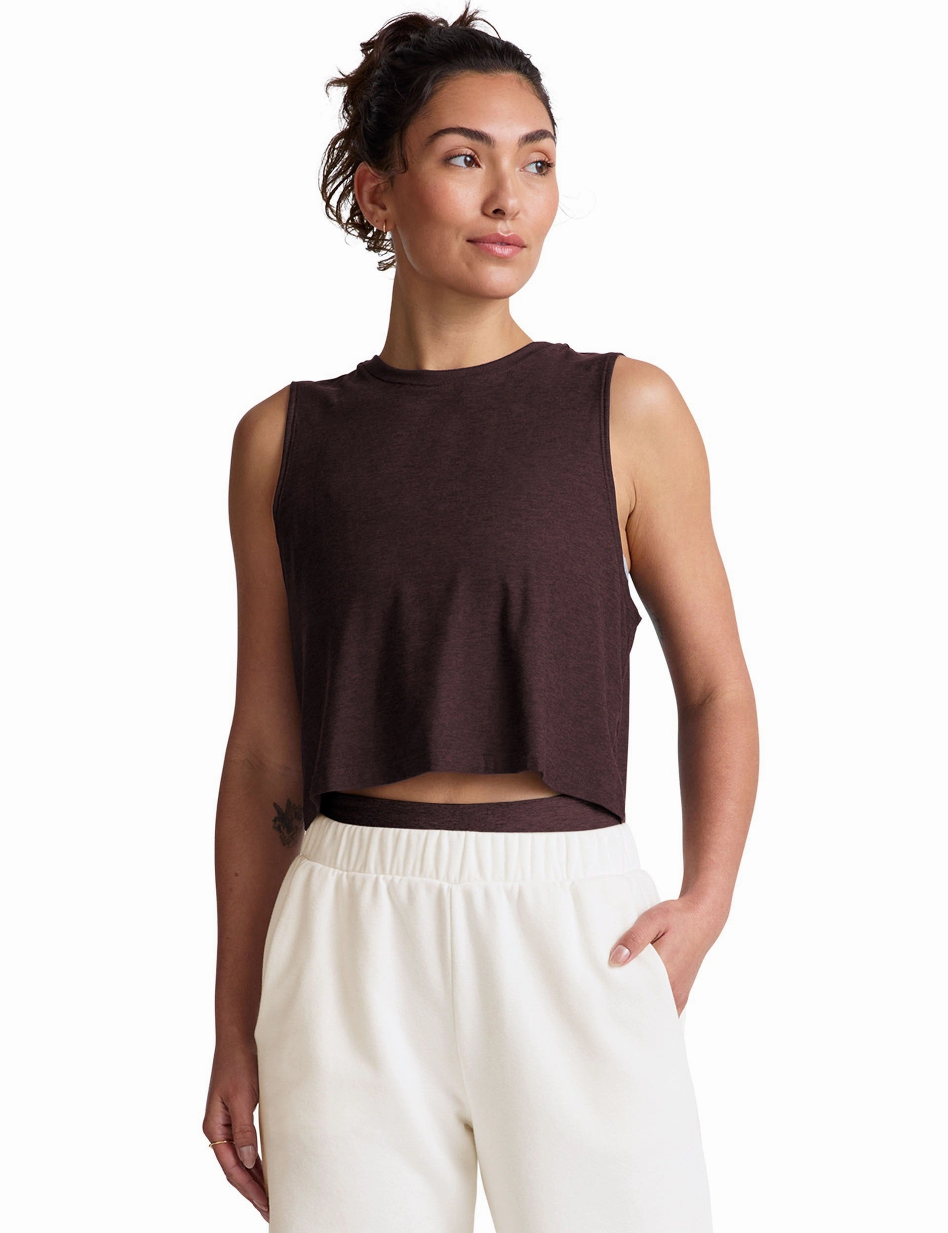 Featherweight Minimal Cropped Tank - Dark Chocolate Heather Stay Smooth Breathable Mesh Panels