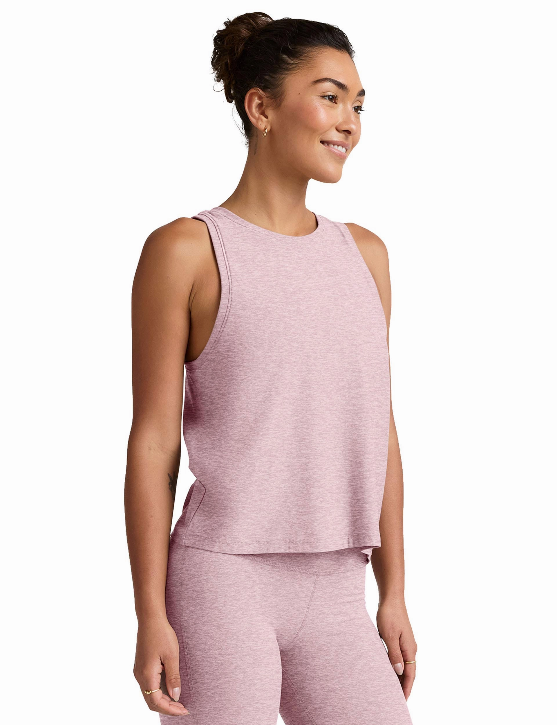 Ribbed Edging Durable Fabric Blend Featherweight Rebalance Tank - Blush Blooms Heather