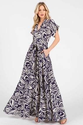 Anita Short Sleeve Waist Tie Damask Print Maxi Dress Navy Light Outfit Work Mood