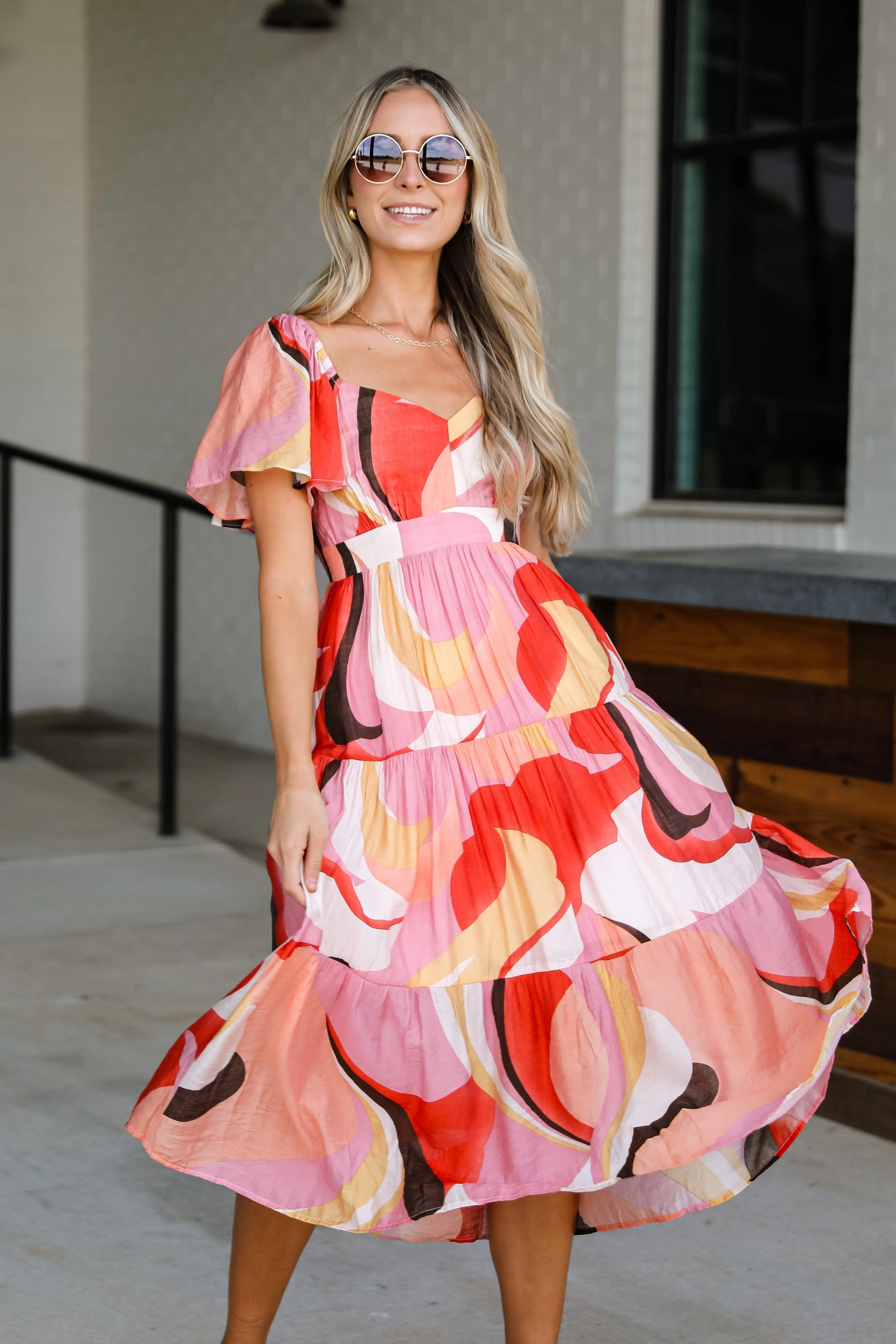 Satin-Sleeve Layering Fit FINAL SALE - All Coming Together Coral Tiered Midi Dress