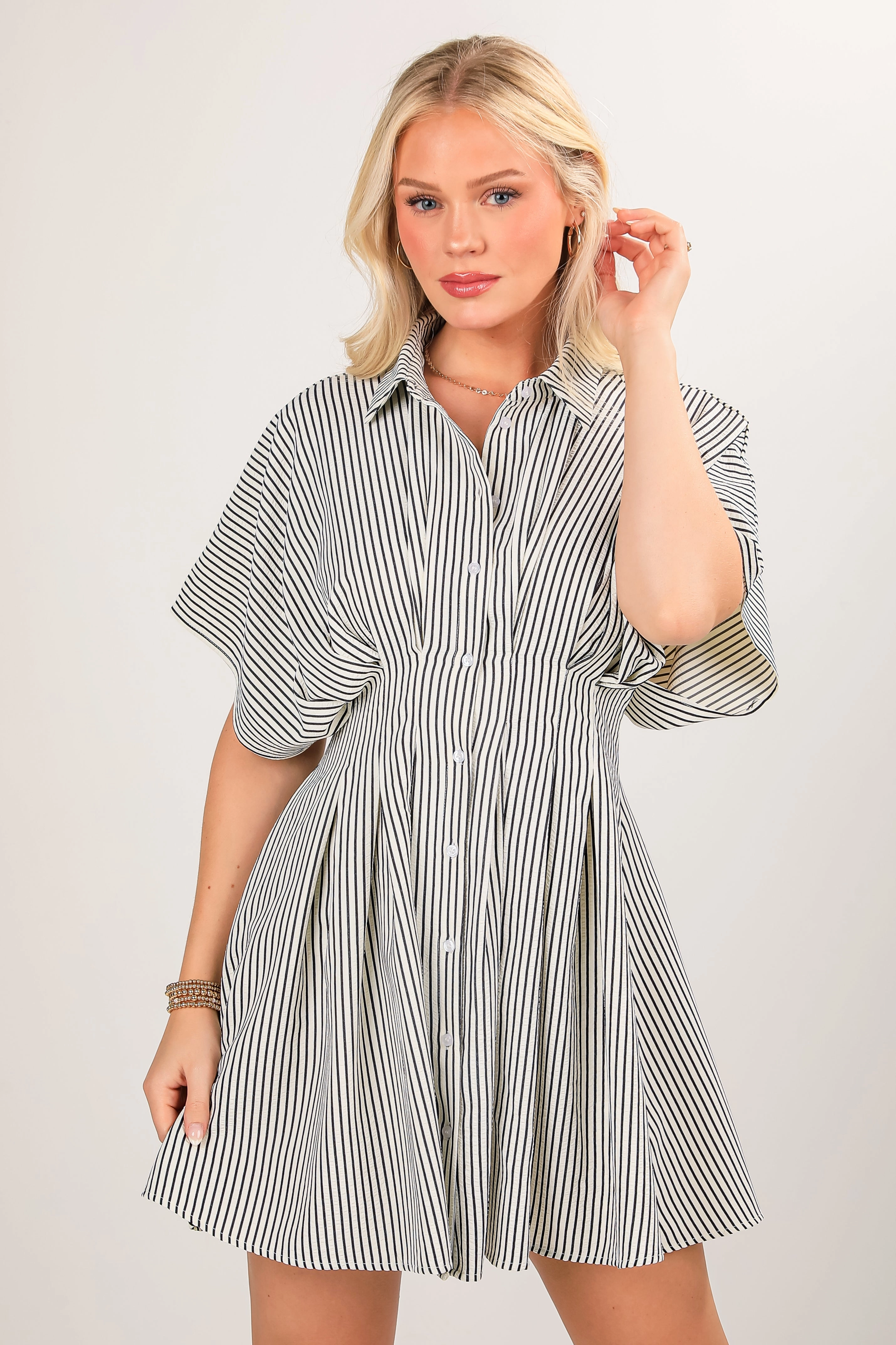 Balanced Light Lace-Sleeve FINAL SALE - Be The Love Ivory Striped Mini Dress