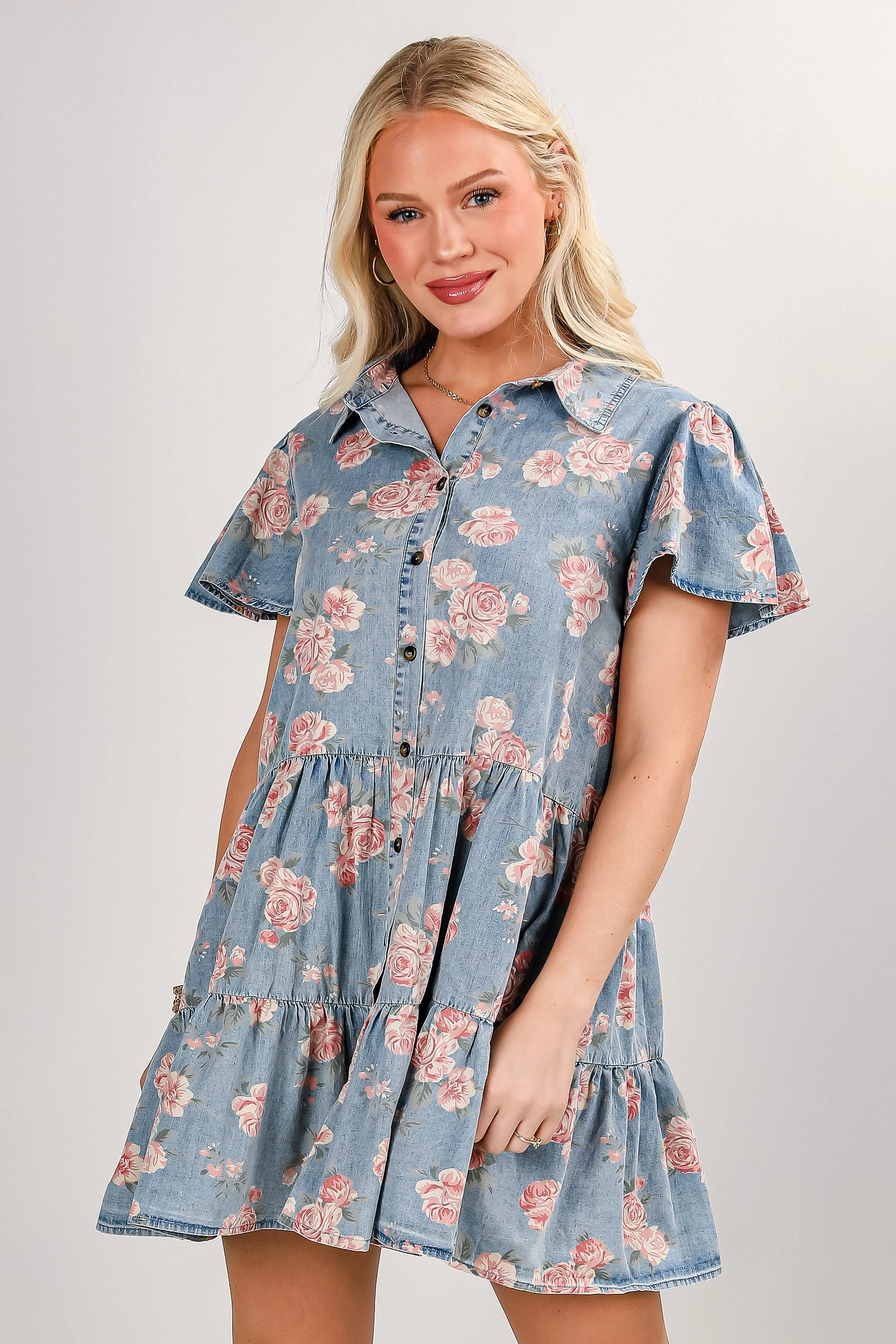 Pearl-Detail Straight-Cut FINAL SALE - Believe In Yourself Floral Denim Tiered Mini Dress