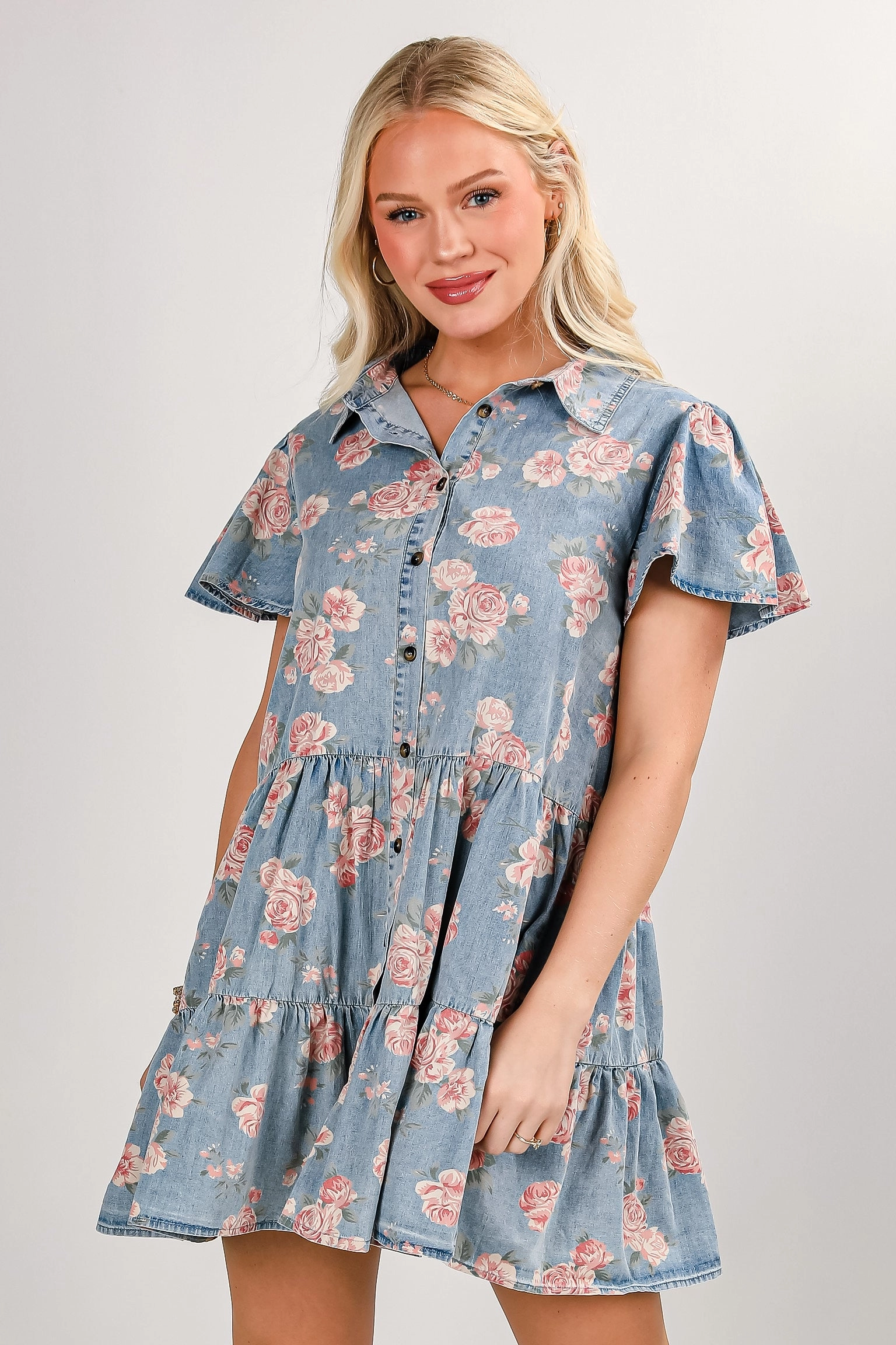Smart Casual Effortless Fit Design FINAL SALE - Believe In Yourself Floral Denim Tiered Mini Dress