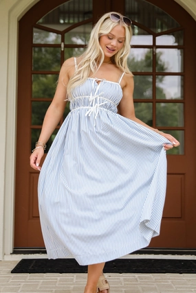 FINAL SALE - Beyond The Horizon Blue Striped Maxi Dress Wide Swing