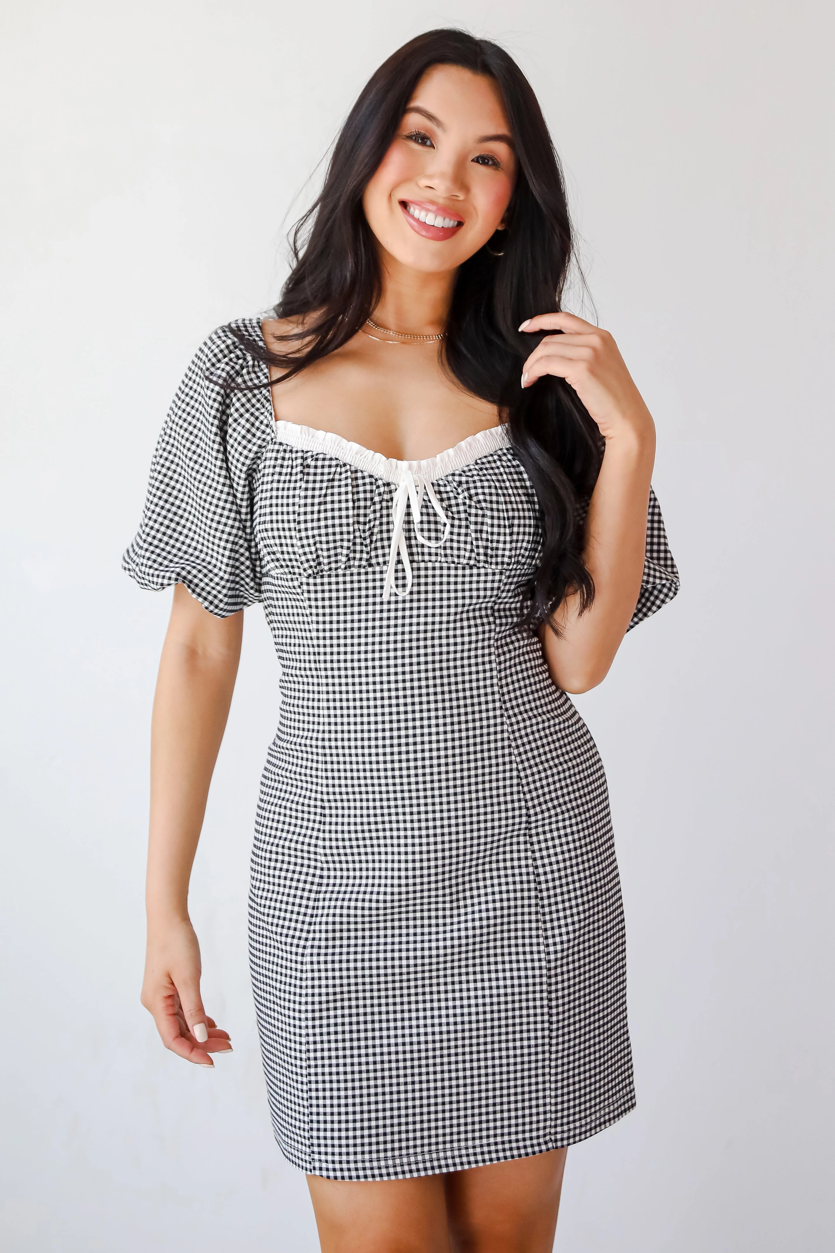 FINAL SALE - Charming Inspiration Black Gingham Mini Dress Side Slit garden wedding