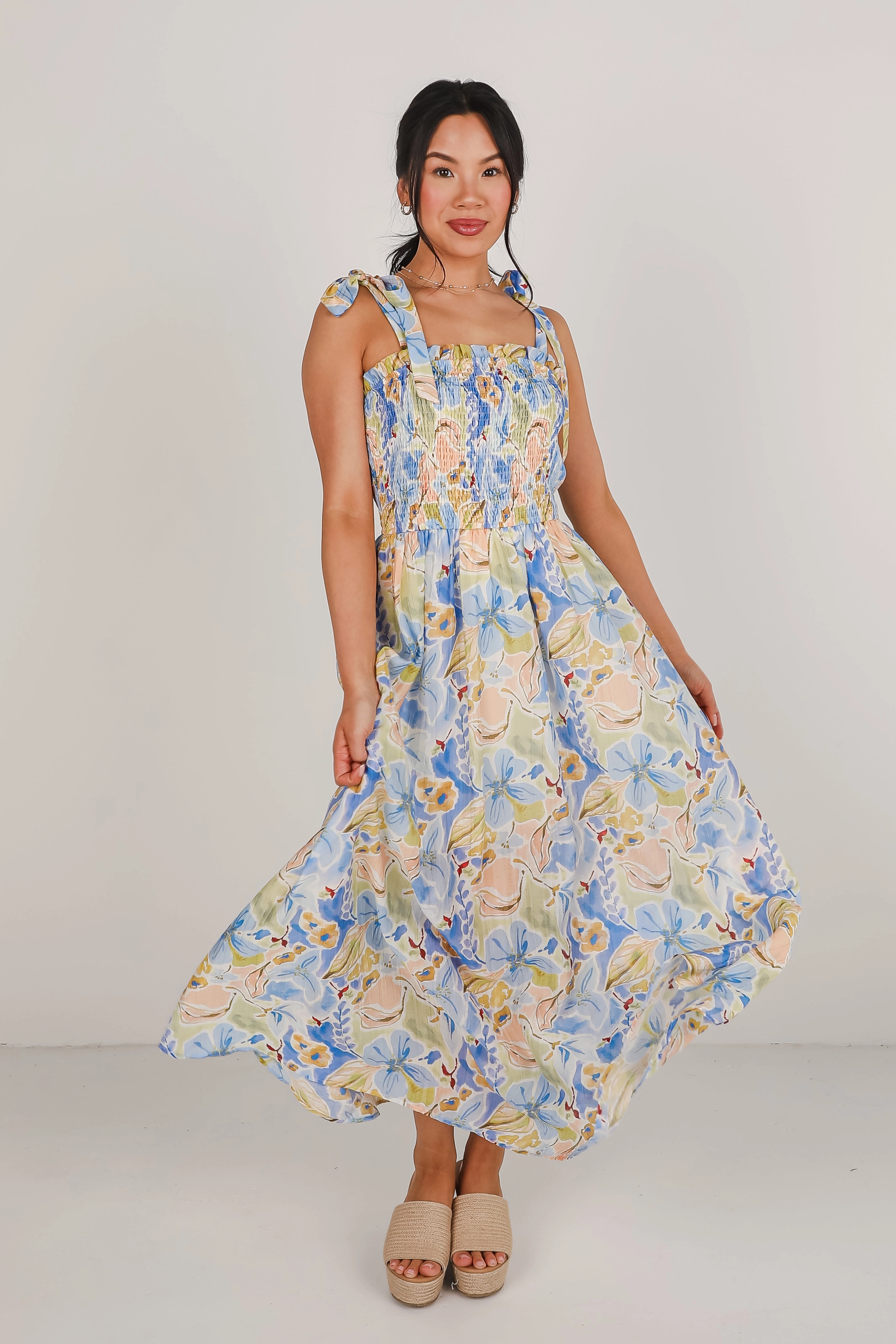 FINAL SALE - Come Back Blue Floral Smocked Maxi Dress Bold Design