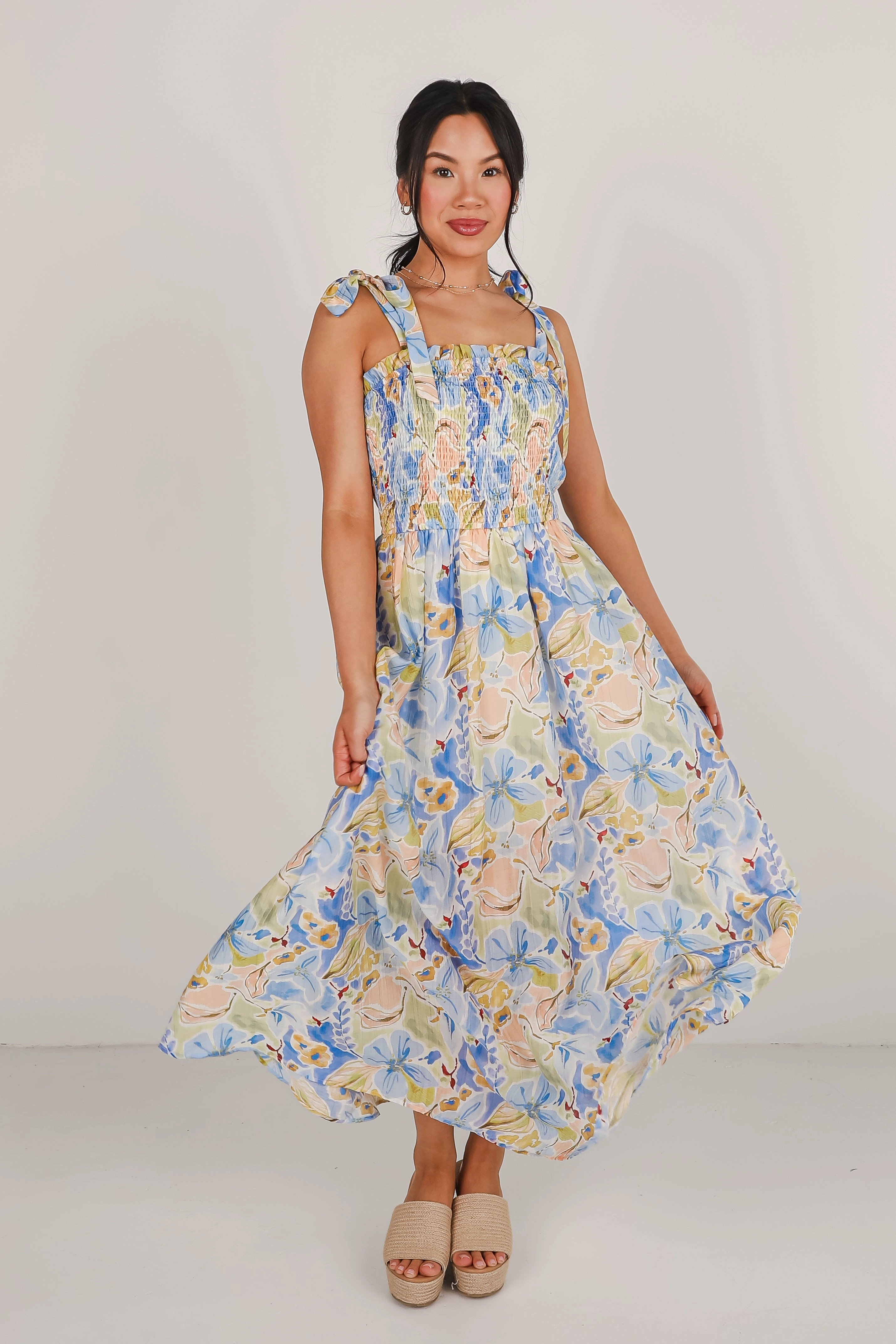 FINAL SALE - Come Back Blue Floral Smocked Maxi Dress Timeless Look Soft Fit Wear