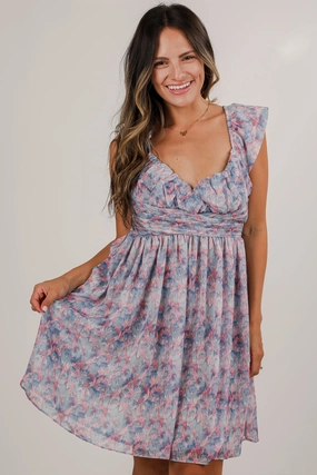 FINAL SALE - Confidently Charismatic Blue Floral Mini Dress Sheer Look