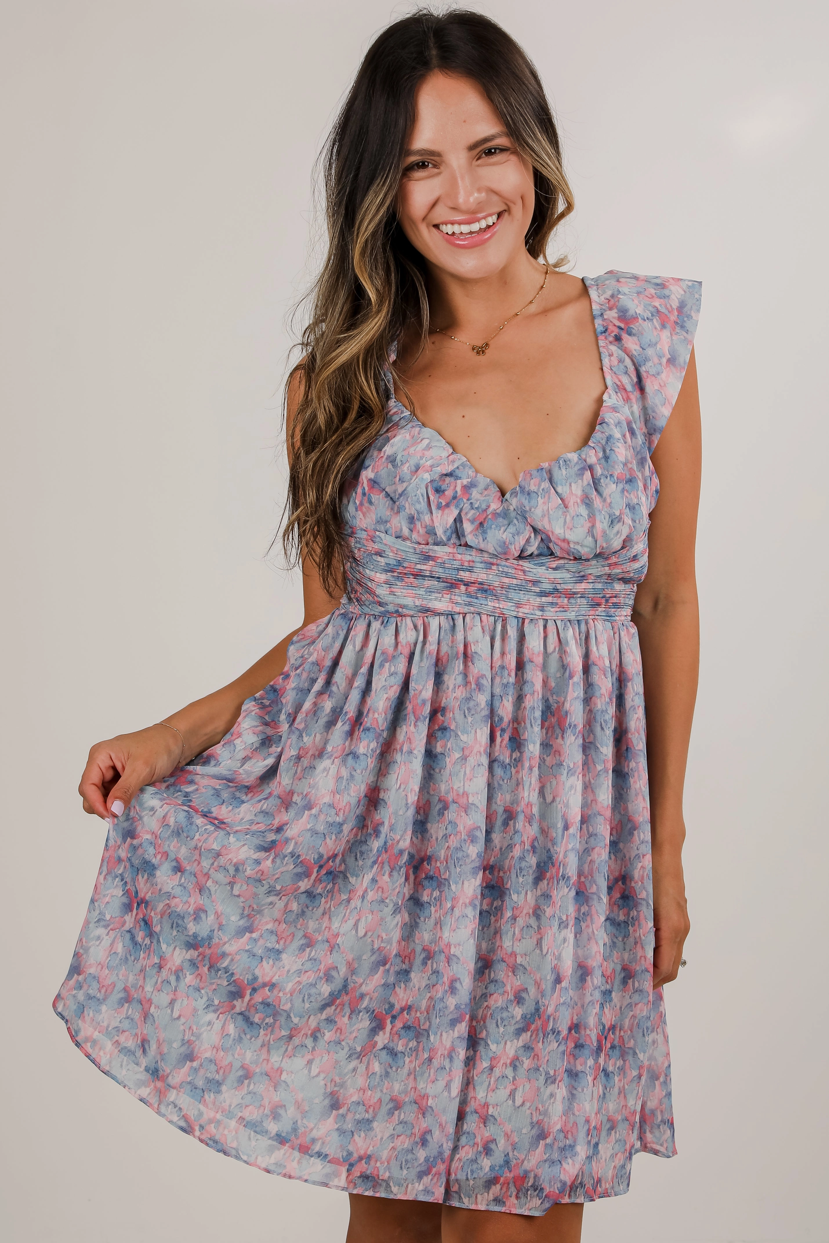 FINAL SALE - Confidently Charismatic Blue Floral Mini Dress Sheer Look