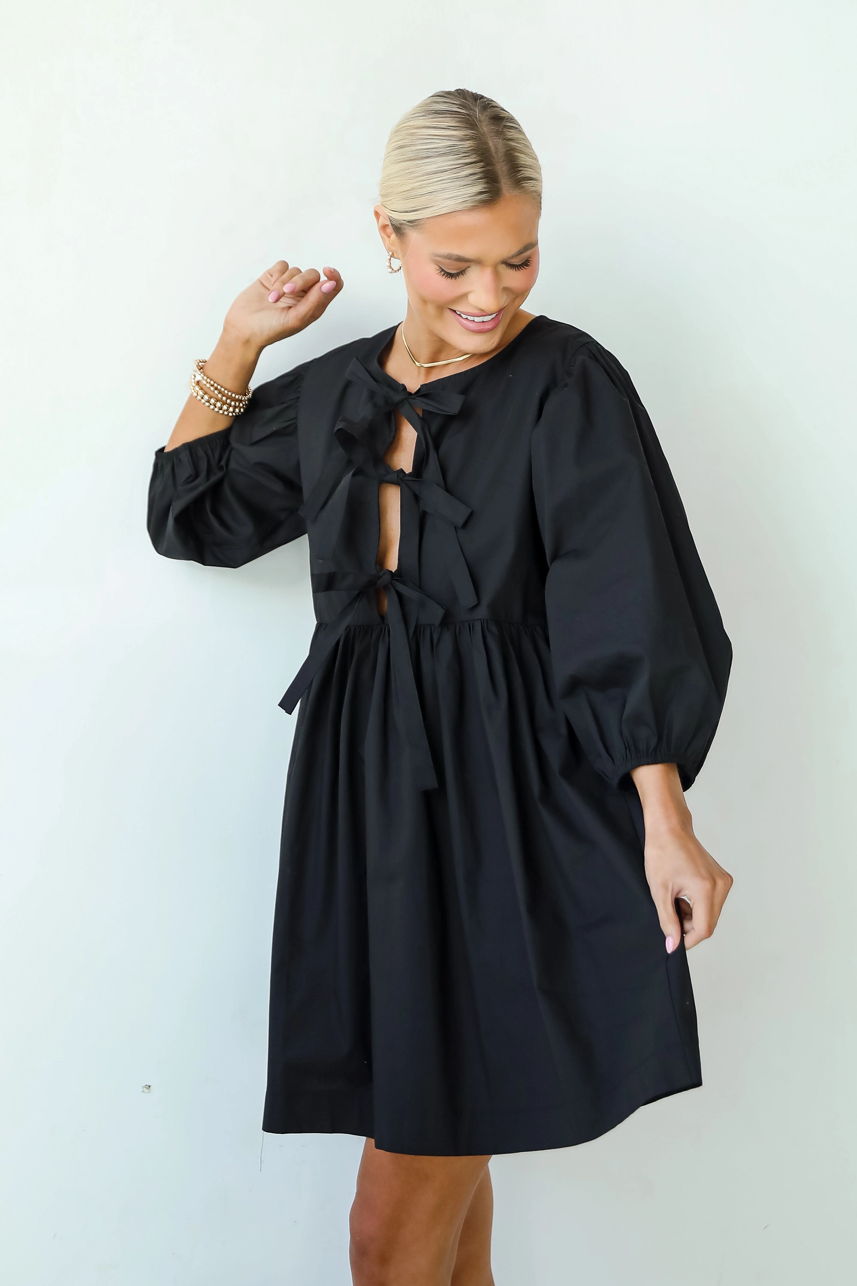 FINAL SALE - Cute Definition Black Bow Babydoll Mini Dress Smart Detail Relaxed Look