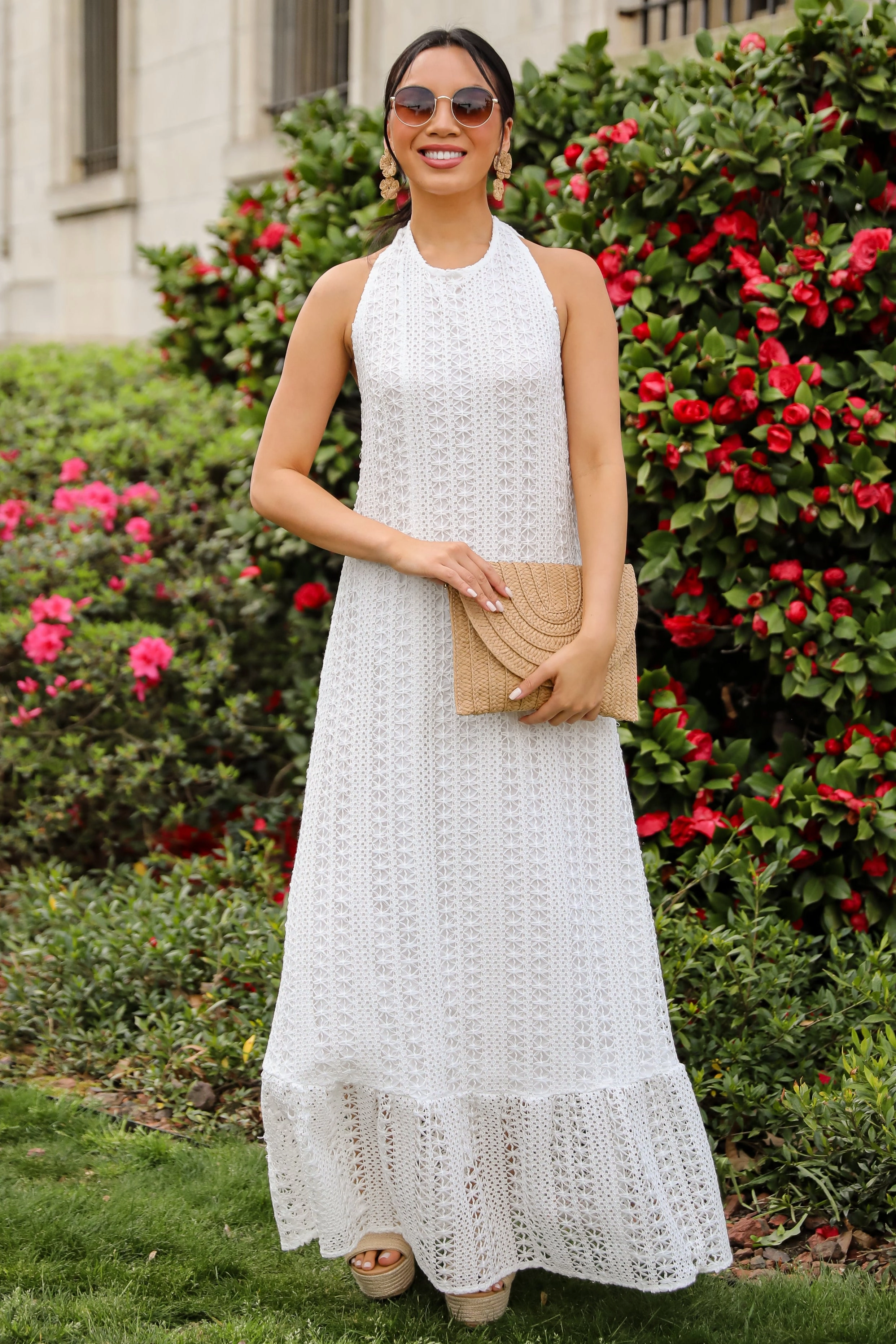 FINAL SALE - Divine Intentions Crochet Knit Halter Maxi Dress Crystal-Detail