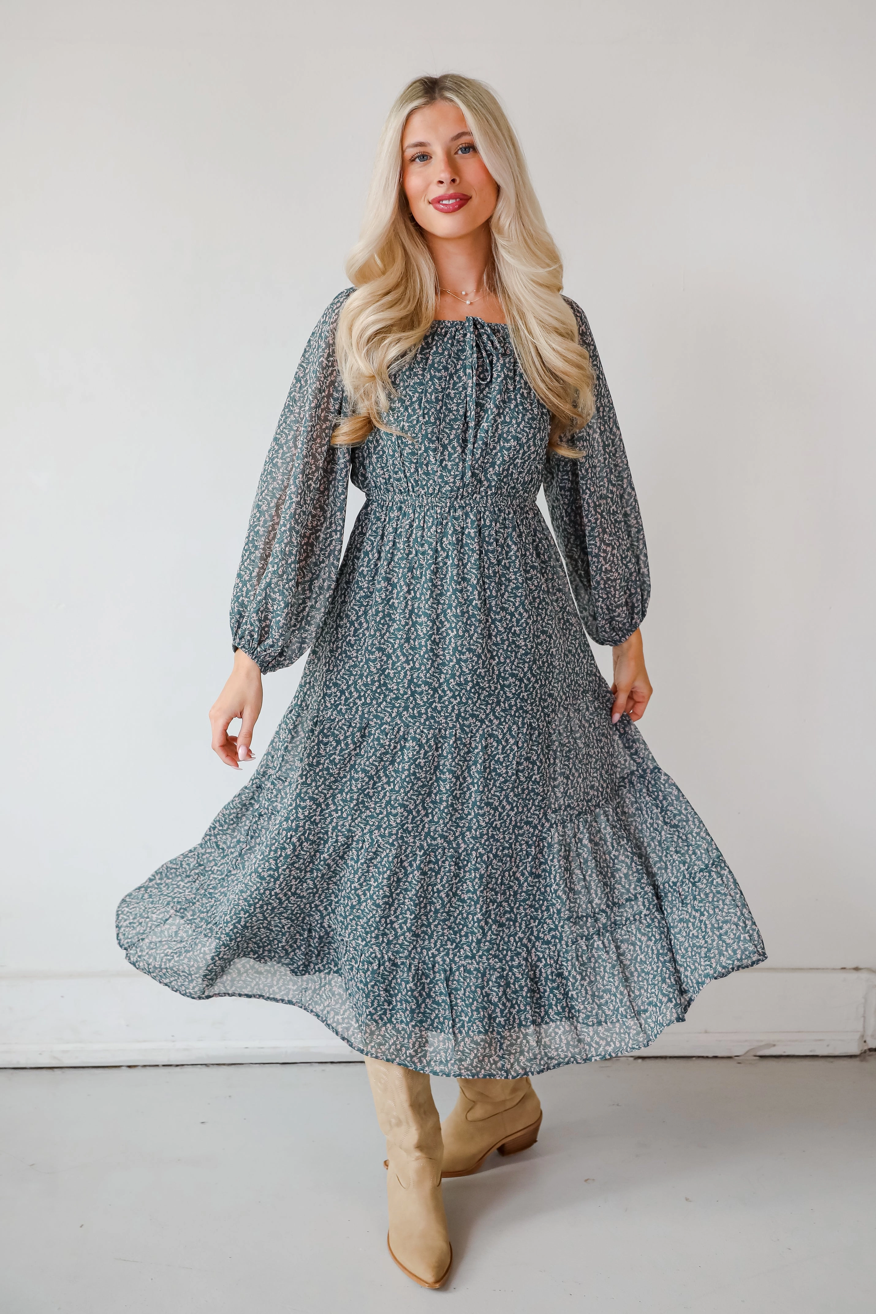 FINAL SALE - Endlessly Darling Teal Floral Midi Dress Soft cotton blend dress