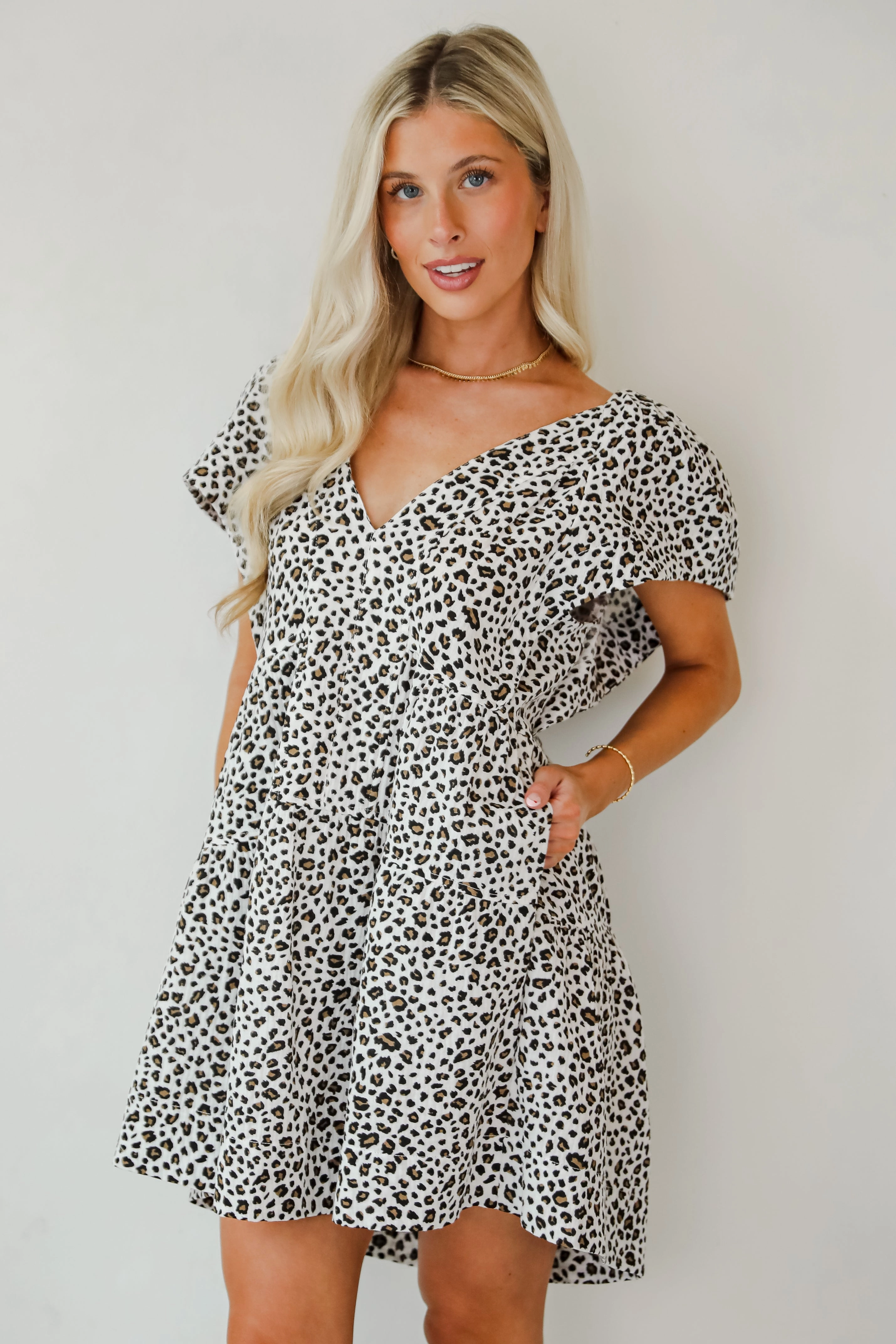 FINAL SALE - Fierce Look Leopard Tiered Mini Dress Subtle Motion Light Fabric