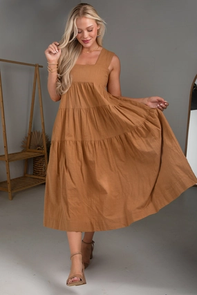 FINAL SALE - Find Your Flow Camel Tiered Midi Dress Airy Layer