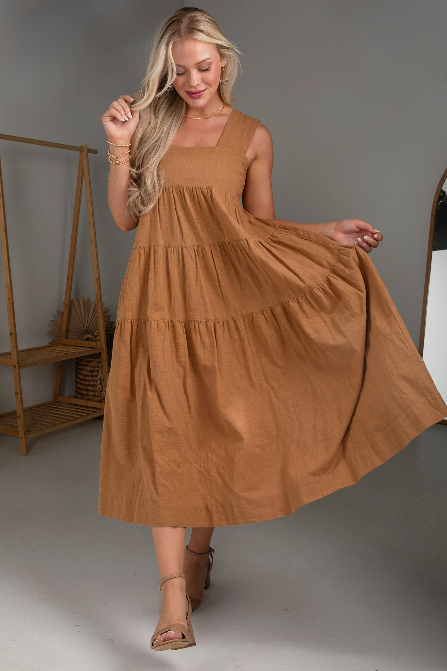 Flattering Cut Wear Lightweight Layer FINAL SALE - Find Your Flow Camel Tiered Midi Dress