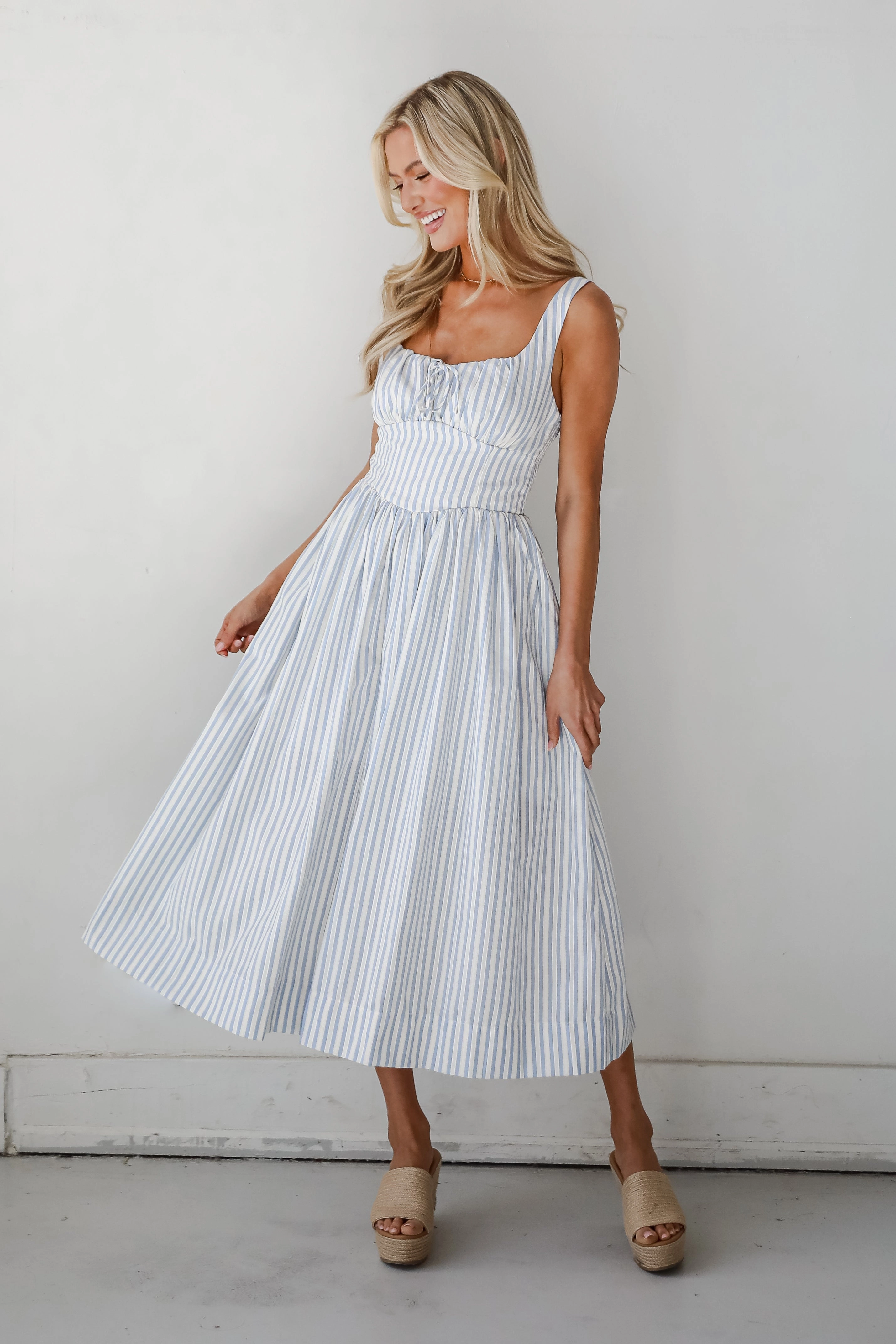 FINAL SALE - Let There Be Romance Light Blue Striped Midi Dress Perfect Comfort Wear