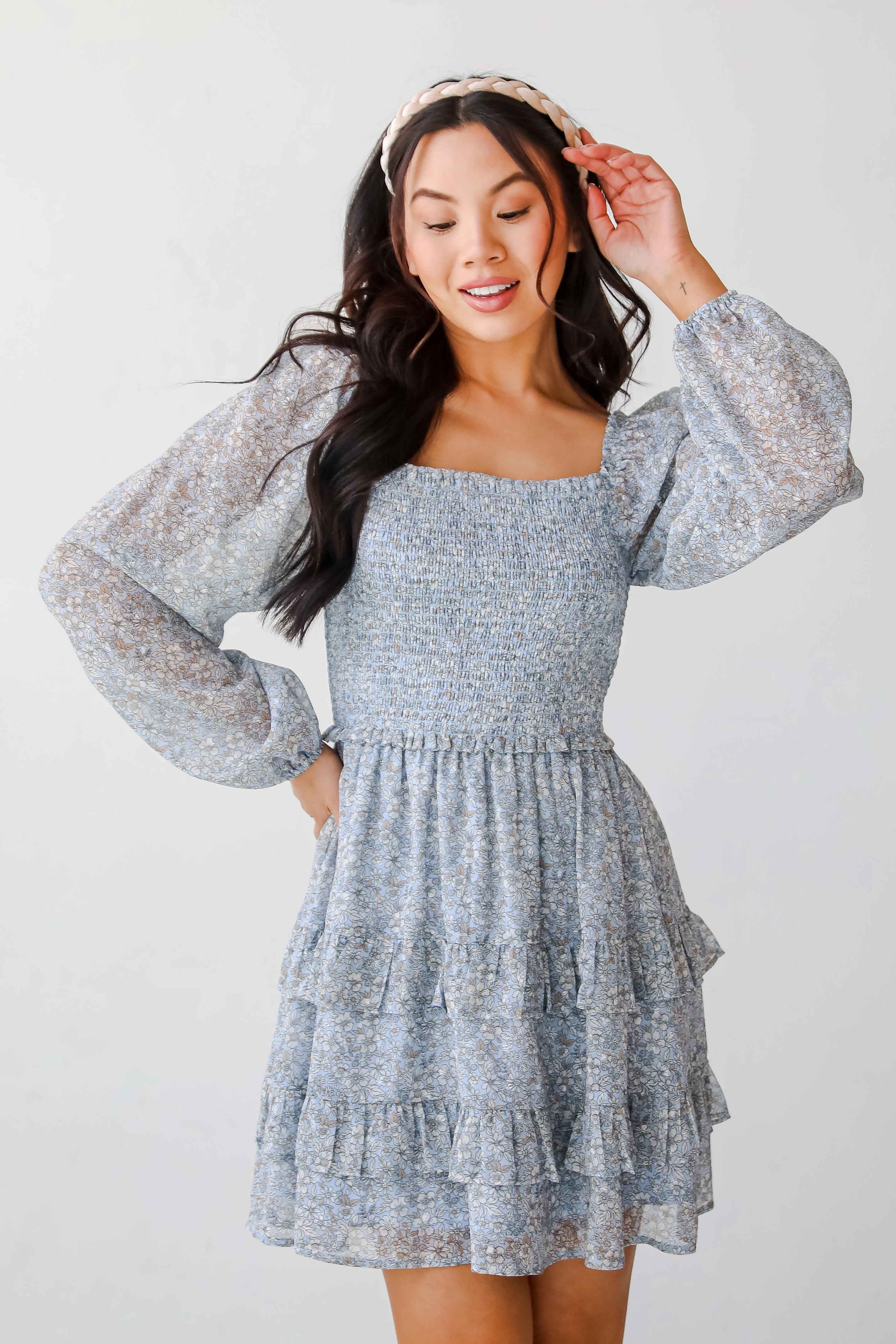 FINAL SALE - Modern Romantic Light Blue Floral Smocked Mini Dress Daywear Fit Influencer-Style