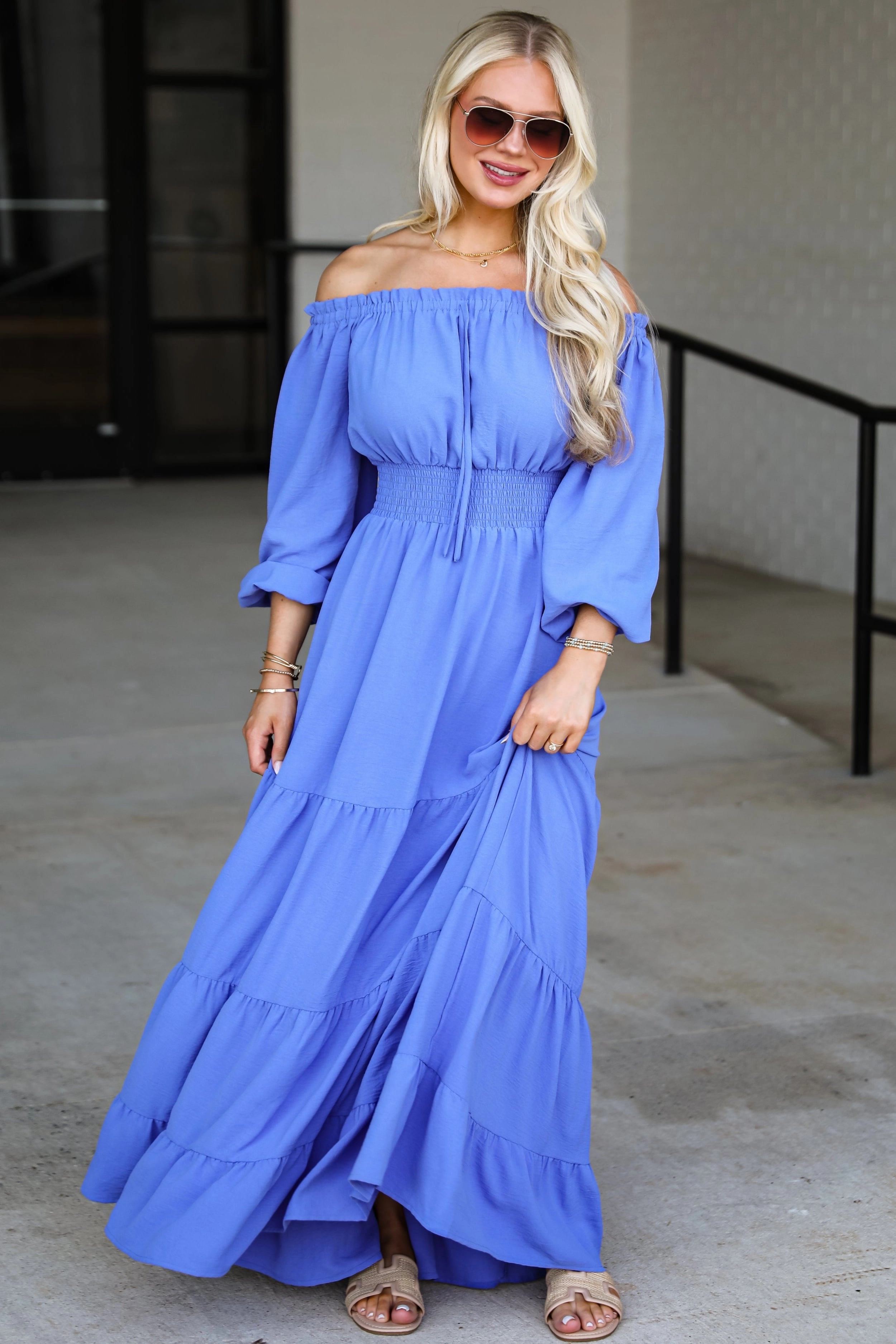 Lace-Sleeve FINAL SALE - Need Your Attention Blue Tiered Maxi Dress