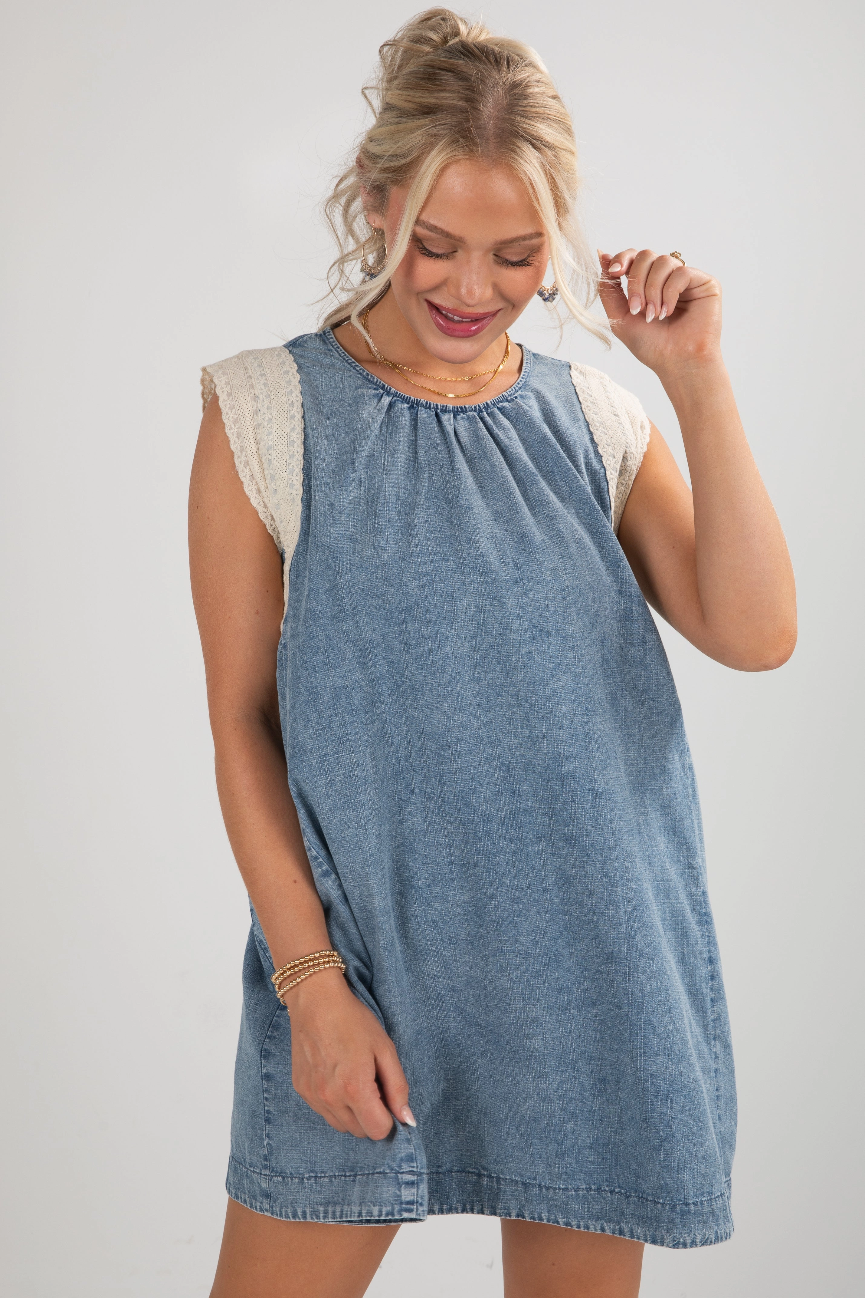 FINAL SALE - Never A Dull Moment Indigo Denim Lace Mini Dress Flow Ready