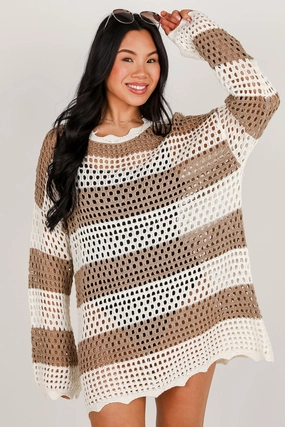 FINAL SALE - On The Coast Mocha Striped Crochet Tunic flattering appearance Dew Tone